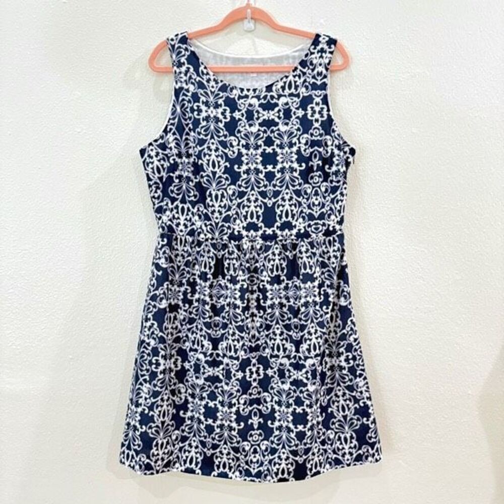 Garnet Hill Sleeveless Cotton Print Dress Navy/White Women’s Size 14 Zipper